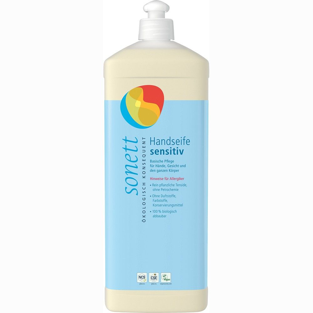 Săpun lichid Sonett fără miros, rezerva 1L, formulă ecologică, etichetă albastră.