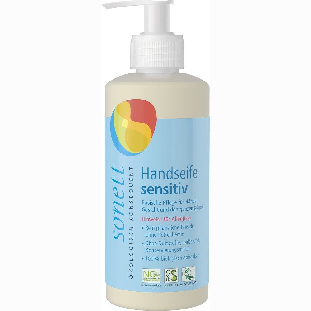 Săpun lichid Sonett 300ml fără parfum, sticlă albă cu etichetă albastră, pentru pielea sensibilă.