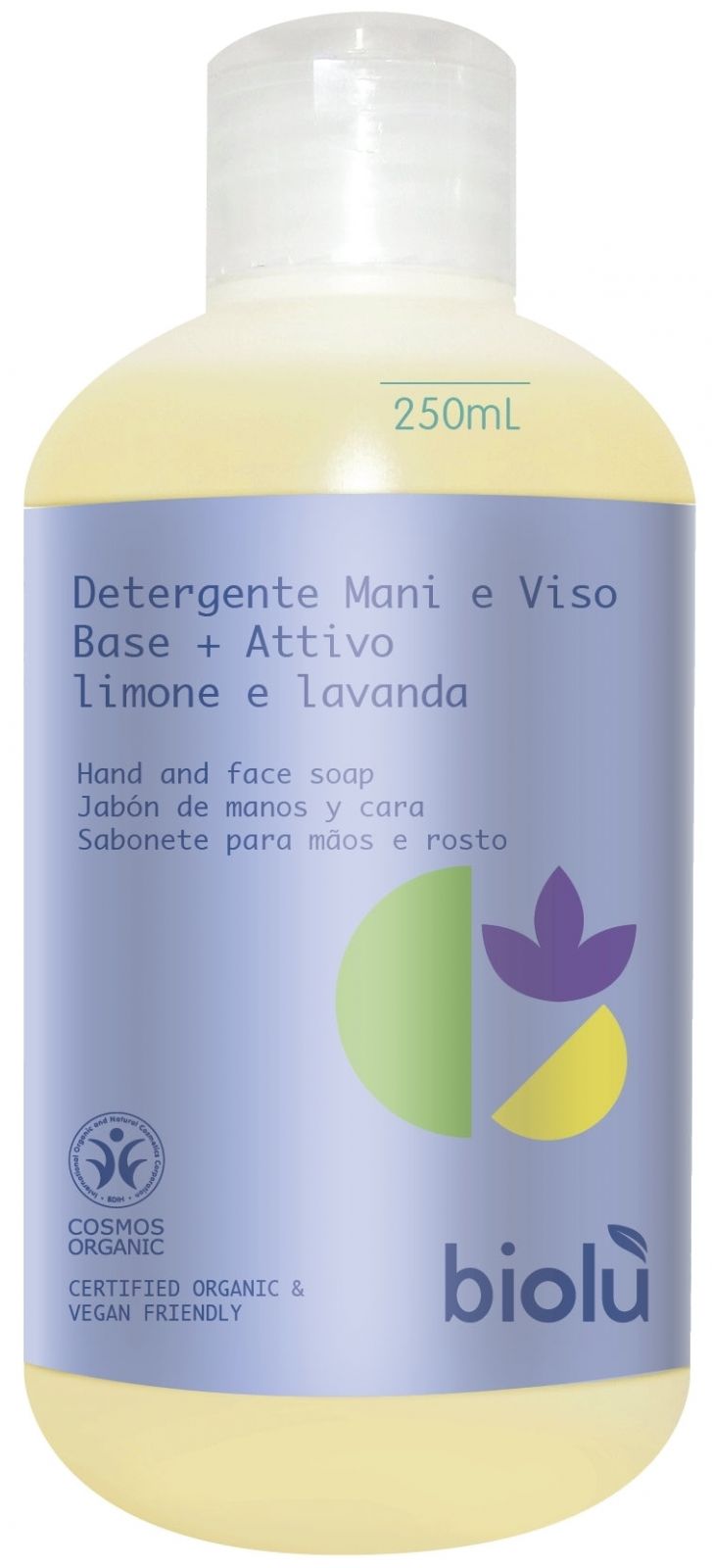 Săpun lichid Bio cu lămâie și lavandă 250ml, ambalaj galben și violet, Biolu.