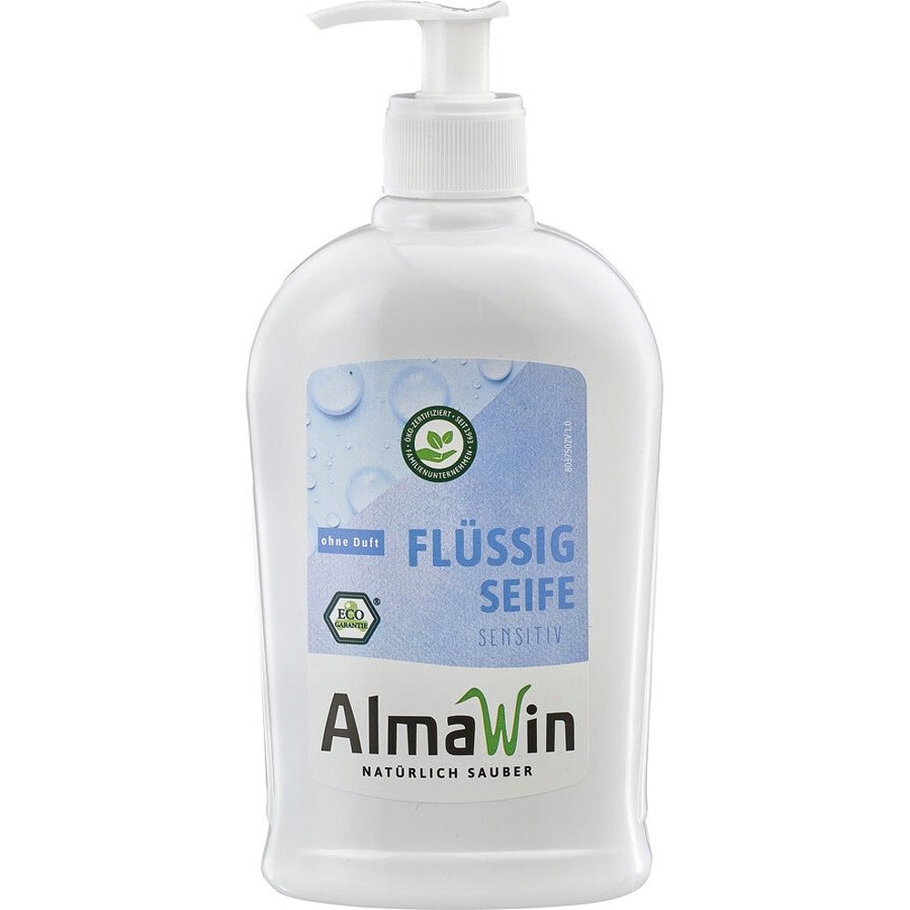 Săpun lichid sensitiv vegan fără parfum 500 ml AlmaWin, recipient alb cu etichetă albastră.