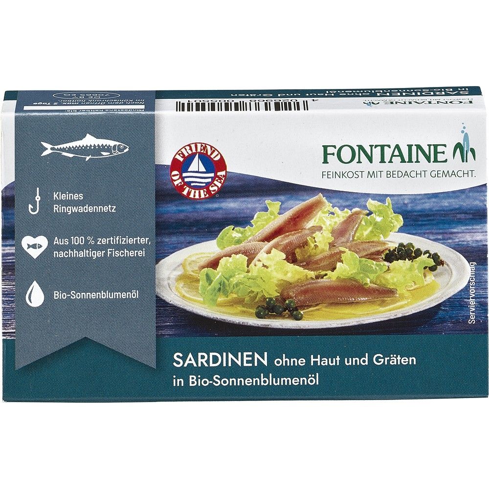 Sardine fără piele, oase, în ulei bio floarea-soarelui, Fontaine, 125g, ambalaj.