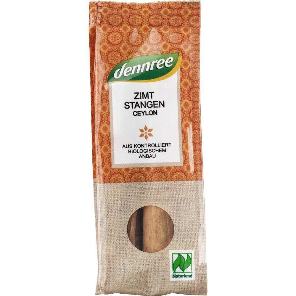 Scorțișoară batoane bio Dennree 30g, ambalaj portocaliu cu fereastră, logo Naturland.