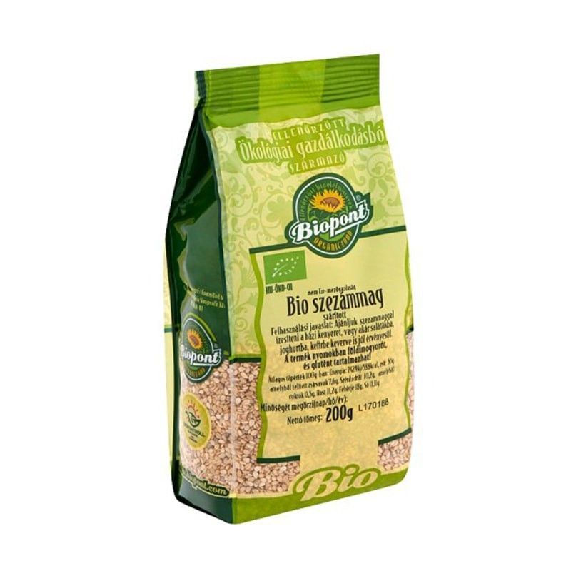 Pungă verde cu semințe de susan eco Biopont 200g, design eco-friendly.