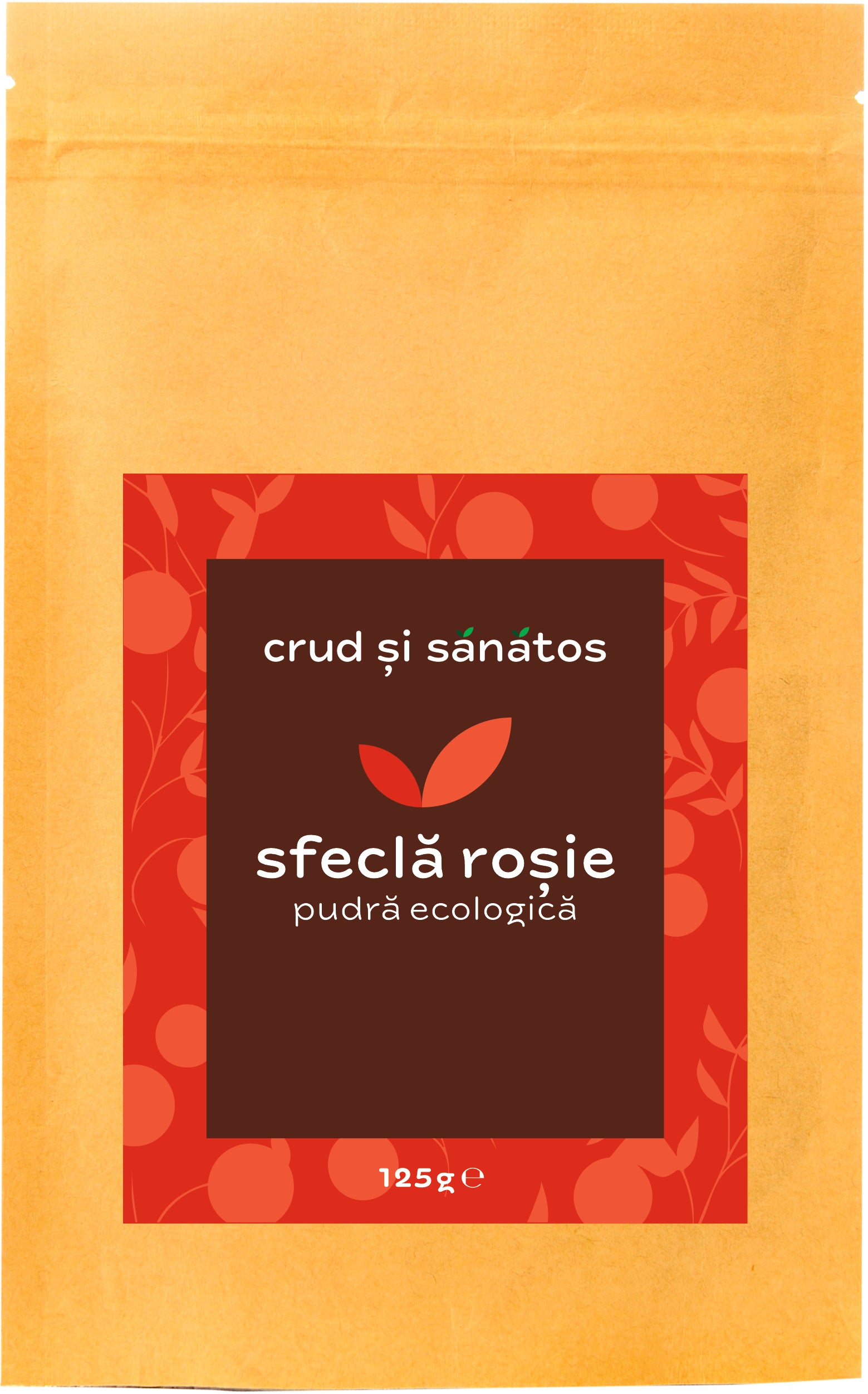 Pudră de sfeclă roșie bio 125g, ambalaj maro și etichetă roșie.