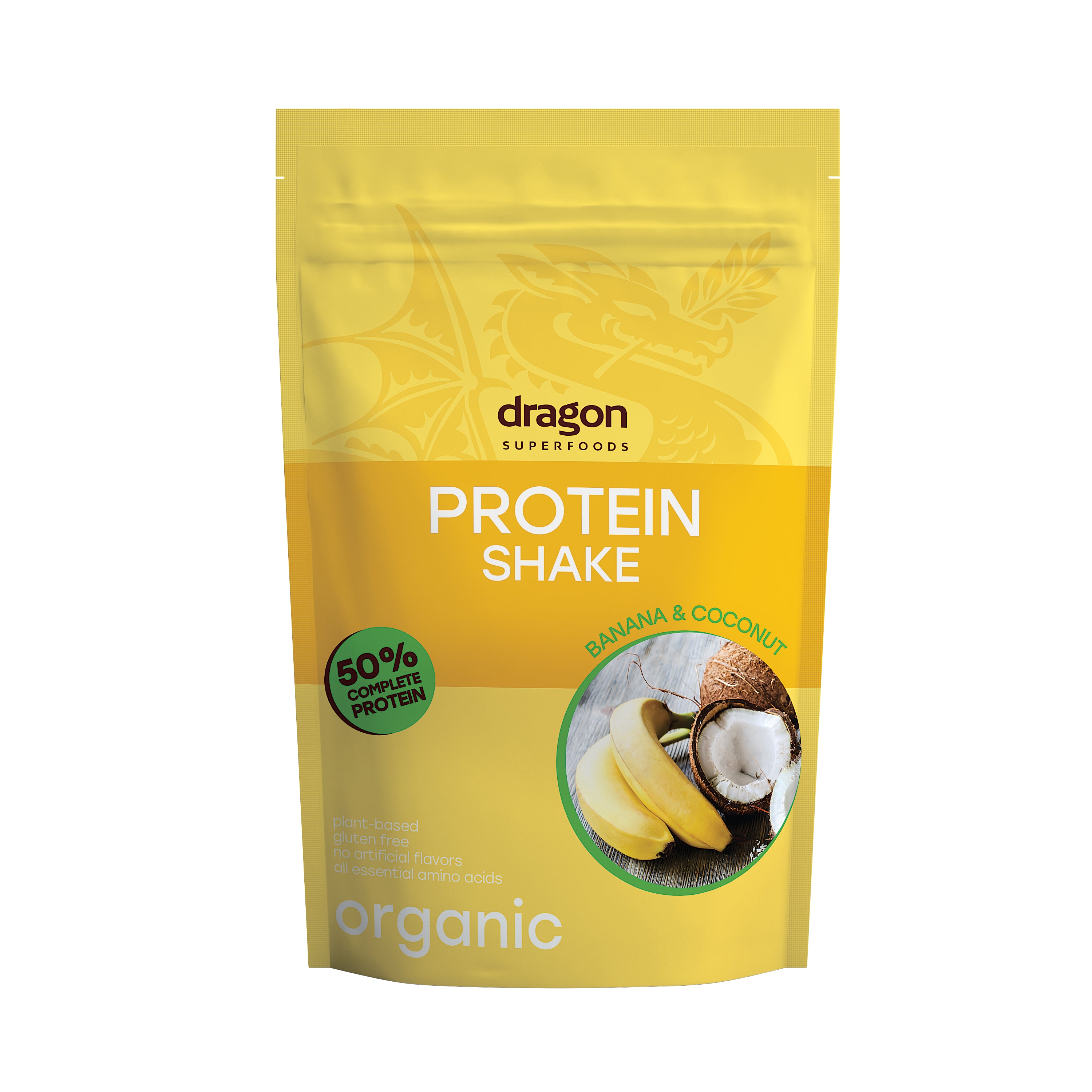 Shake proteic banane și cocos Bio Dragon Superfoods, 52% proteine, 450g, ambalaj galben.