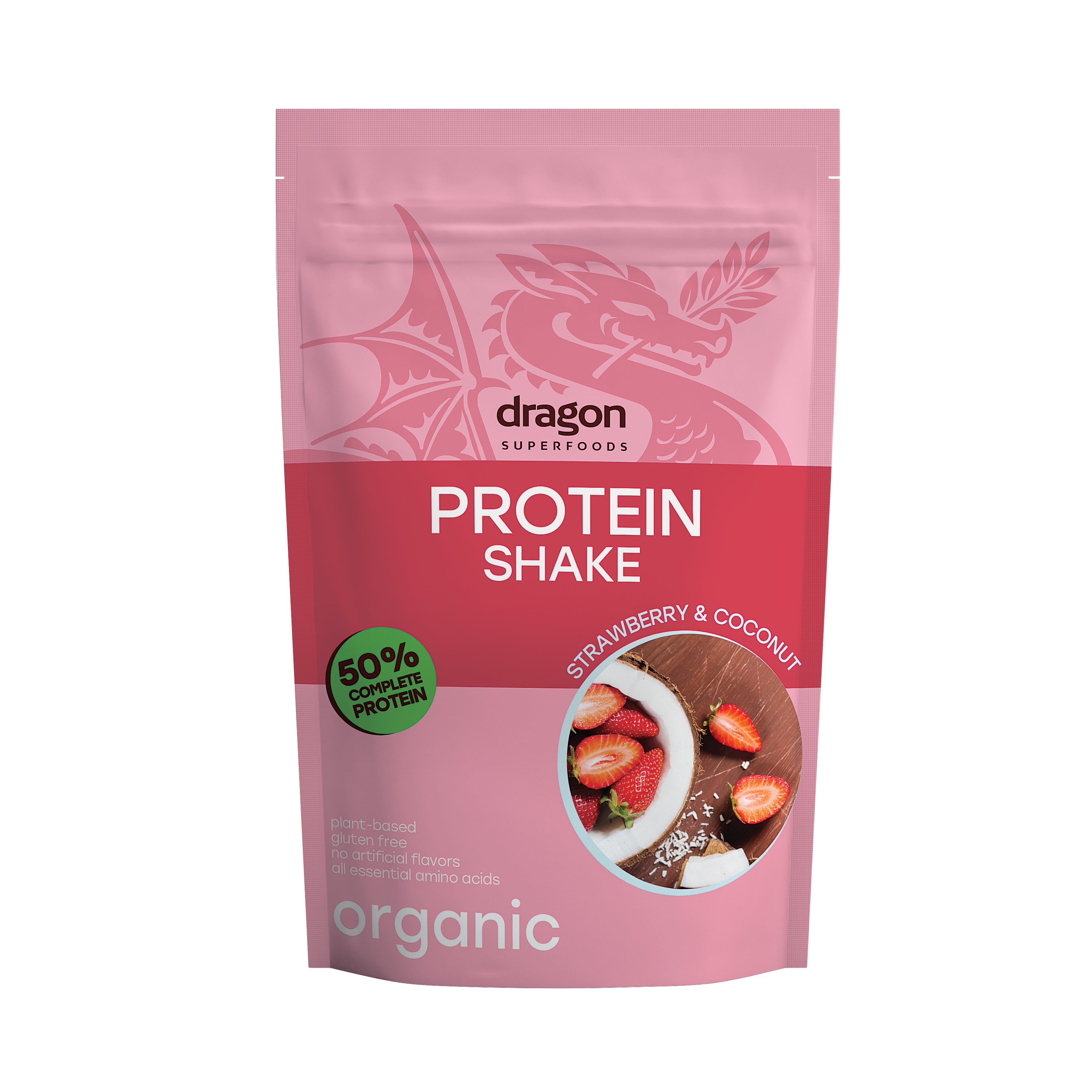 Pungă roz shake proteic organic căpșuni și cocos Dragon Superfoods 450g bio.