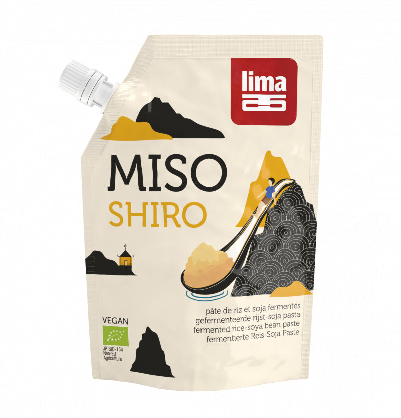 Shiro Miso eco 300g LIMA, ambalaj crem cu munte grafic și siglă roșie, ingredient vegan fermentat.