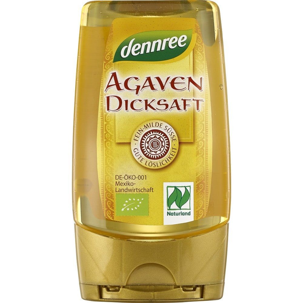 Sirop de agave bio Dennree 252g, galben-auriu, ambalaj plastic, etichetă verde și galbenă.
