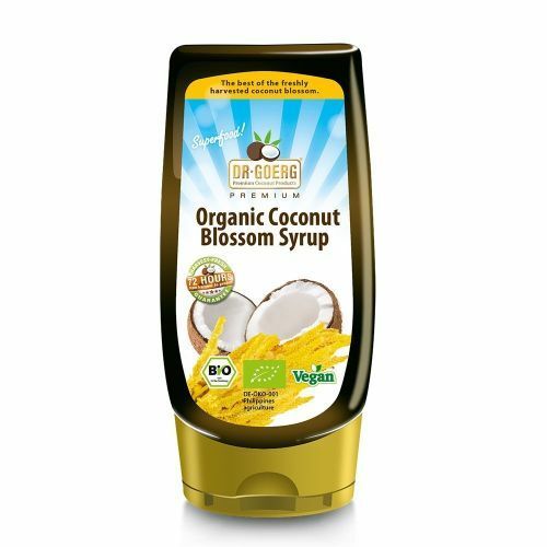 Sirop din nectar de flori de cocos bio 350g Dr. Goerg, ambalaj auriu, etichetă cu nucă de cocos.
