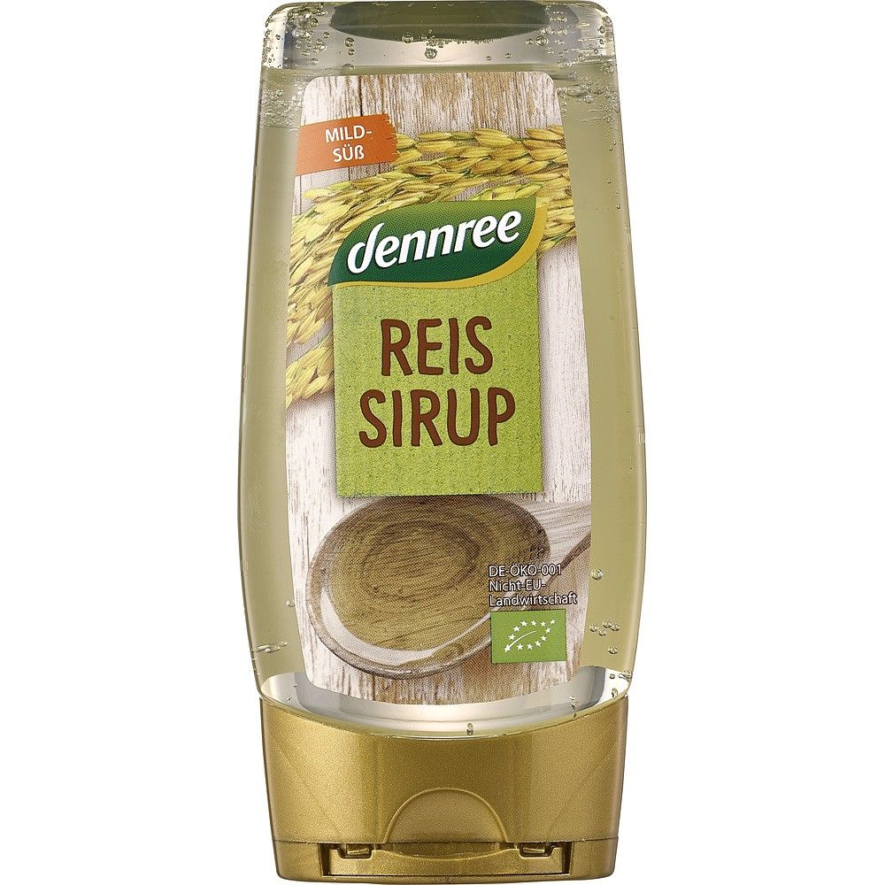 Sirop de orez bio Dennree 250ml, ambalaj transparent cu capac auriu, etichetă verde cu text.