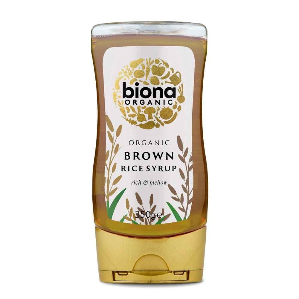 Sirop de orez brun ecologic Biona 350g, ambalaj auriu-transparent.