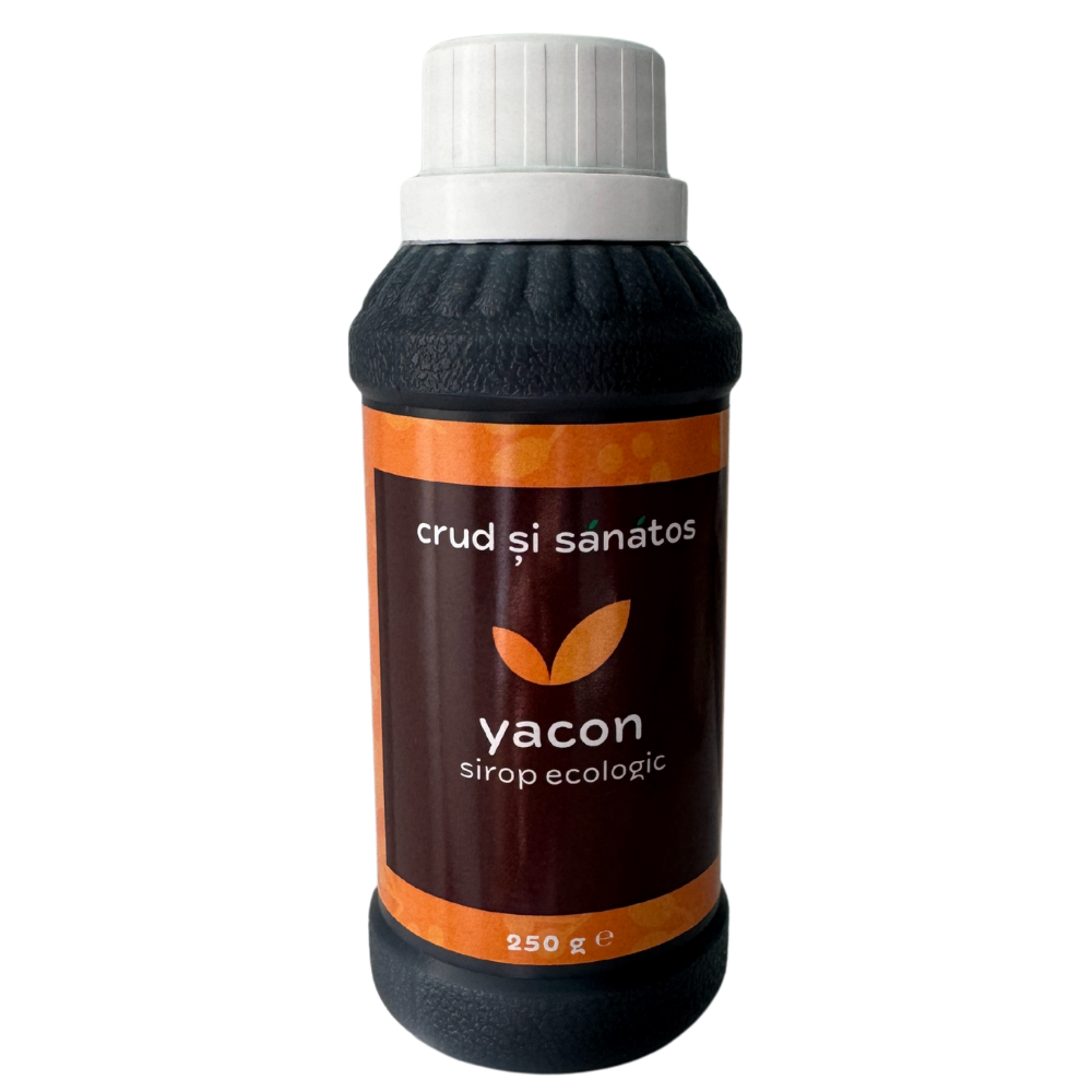 Sirop de yacon bio 250ml, sticlă neagră cu etichetă maro și portocalie.