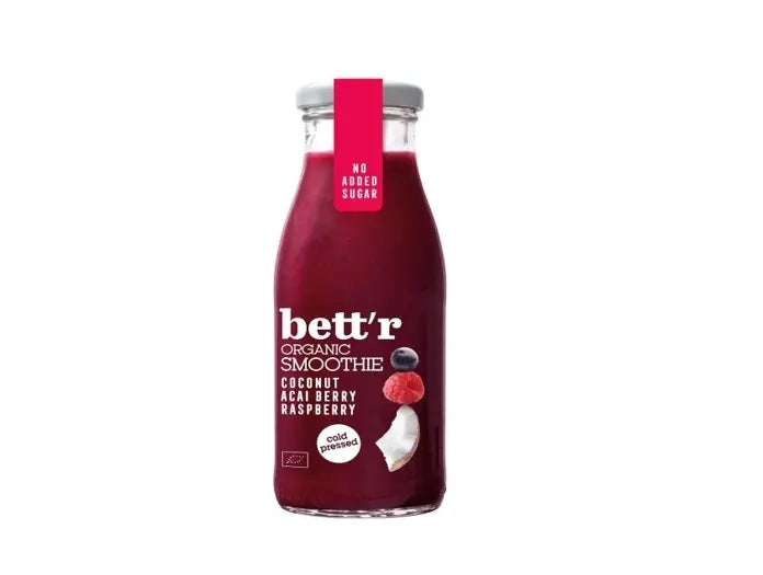 Smoothie bio cu zmeură, acai și cocos, Bettr, 250ml, sticlă transparentă.