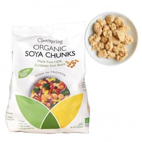 Soia Cuburi Eco Clearspring, 200g, ambalaj alb cu imagine colorată și farfurie cu cuburi.