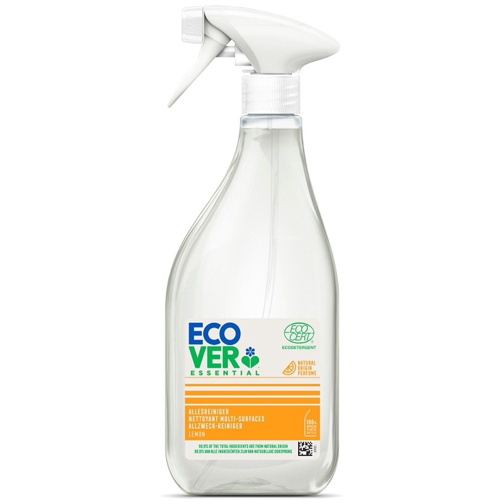 Spray Ecover 500ml pentru curățat bucătăria cu lămâie, sticlă transparentă, etichetă albă și portocalie.