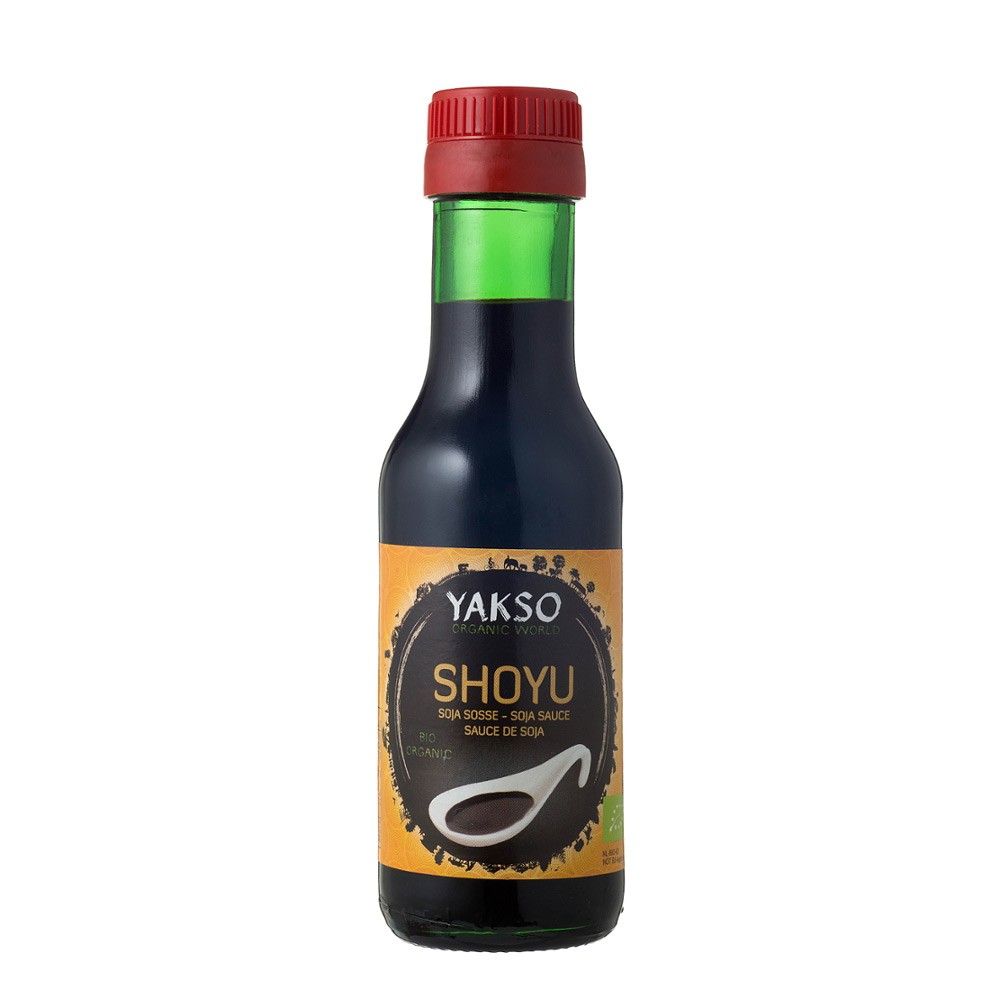Sos bio de soia Shoyu Yakso 125ml, sticlă neagră cu etichetă galbenă și capac roșu.