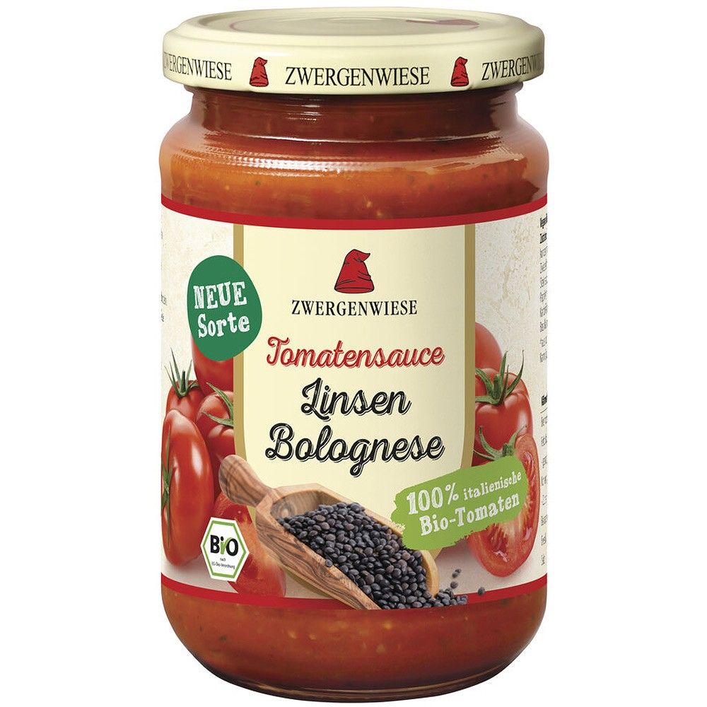 Sos Bolognese bio cu tomate și linte 340ml Zwergenwiese în borcan de sticlă cu etichetă colorată.