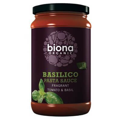 Sos de roșii cu busuioc Basilico 350g BIONA, etichetă neagră cu logo alb.