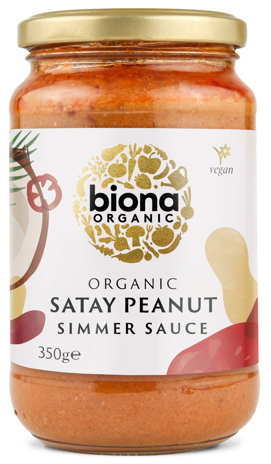 Sos Satay bio Biona 350g, arahide, cocos, ardei iute, etichetă albă, capac auriu.