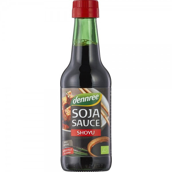 Sticlă sos de soia Shoyu Dennree 250ml cu capac roșu, etichetă neagră și verde.