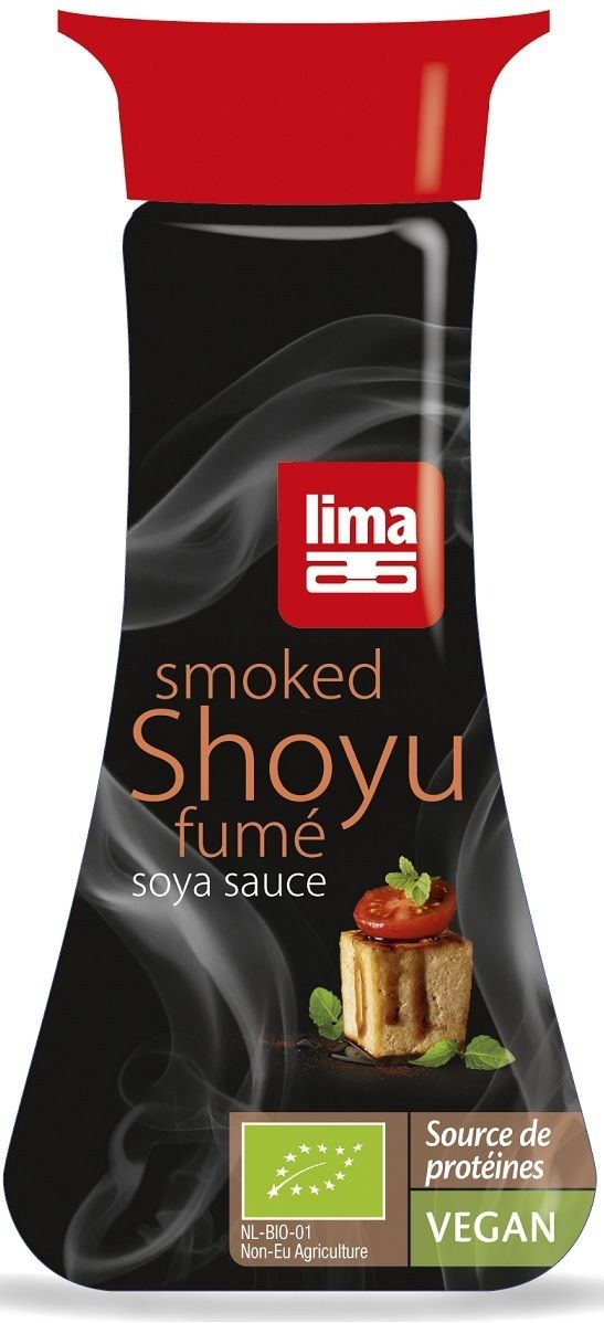 Sos de soia Shoyu afumat bio 145ml Lima, sticlă neagră cu capac roșu, etichetă fumurie.