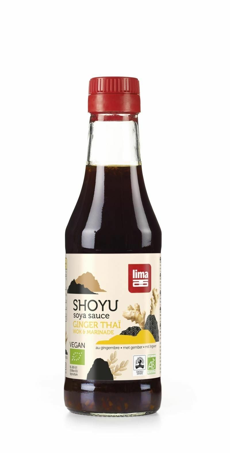 Sos de soia Shoyu Ginger Thai bio 250ml, sticlă cu etichetă Lima, capac roșu.