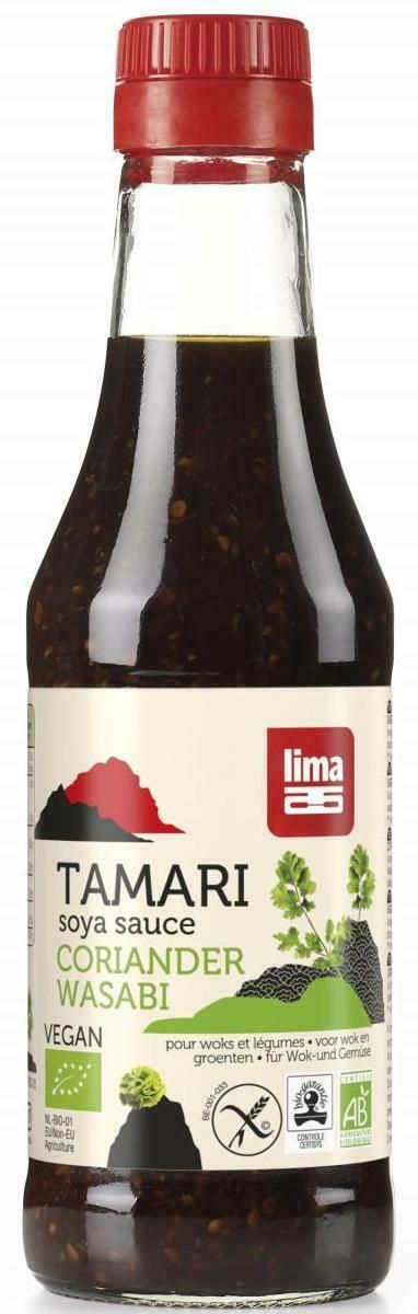 Sos Tamari cu coriandru și wasabi bio 250ml, Lima, sticlă cu etichetă verde și roșu, capac roșu.