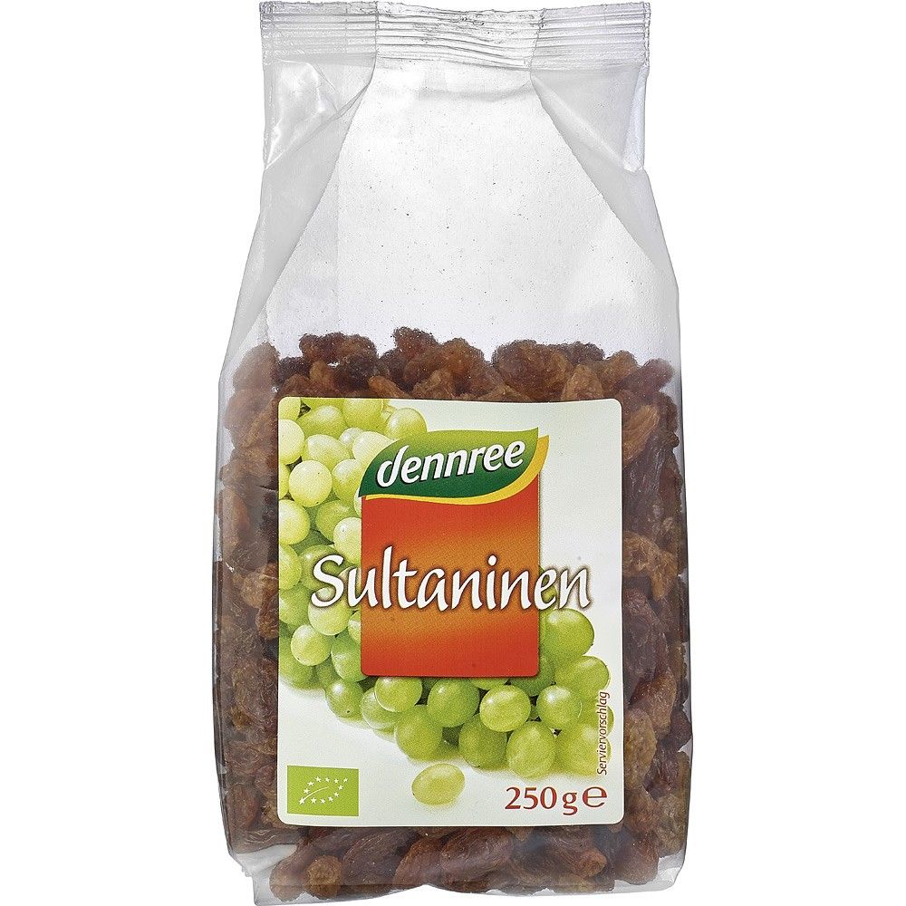 Stafide bio Dennree 250g, ambalaj transparent, etichetă cu struguri verzi.