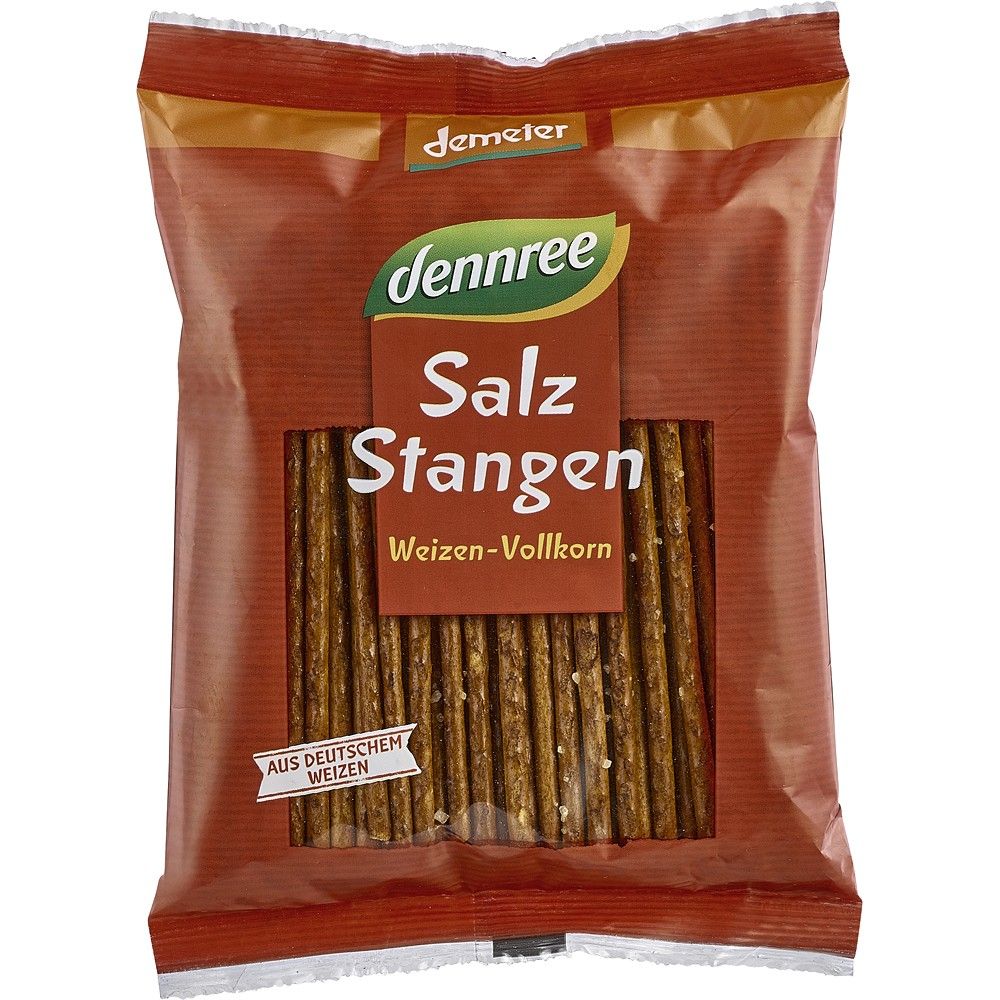 Sticksuri din grâu integral cu sare bio Dennree 100g ambalaj maro transparent.