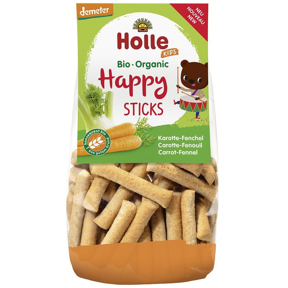 Sticksuri cu morcov și fenicul Holle, 100g, pentru copii, pachet verde și portocaliu cu logo.