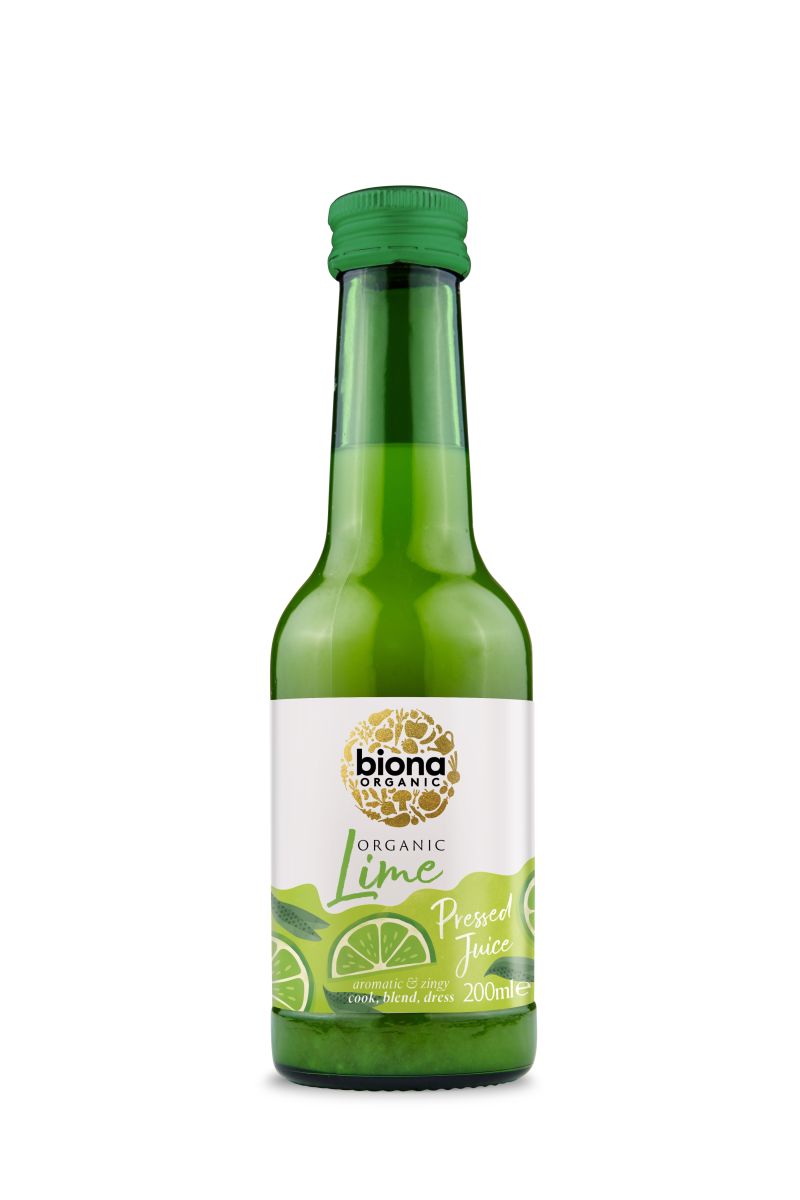 Sticlă verde de suc de lime pur eco 200ml Biona, etichetă albă-verde.
