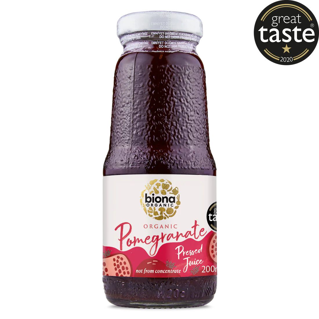 Suc de rodie bio Biona 200ml, sticlă transparentă, etichetă albă cu roșu, premiu Great Taste 2020.