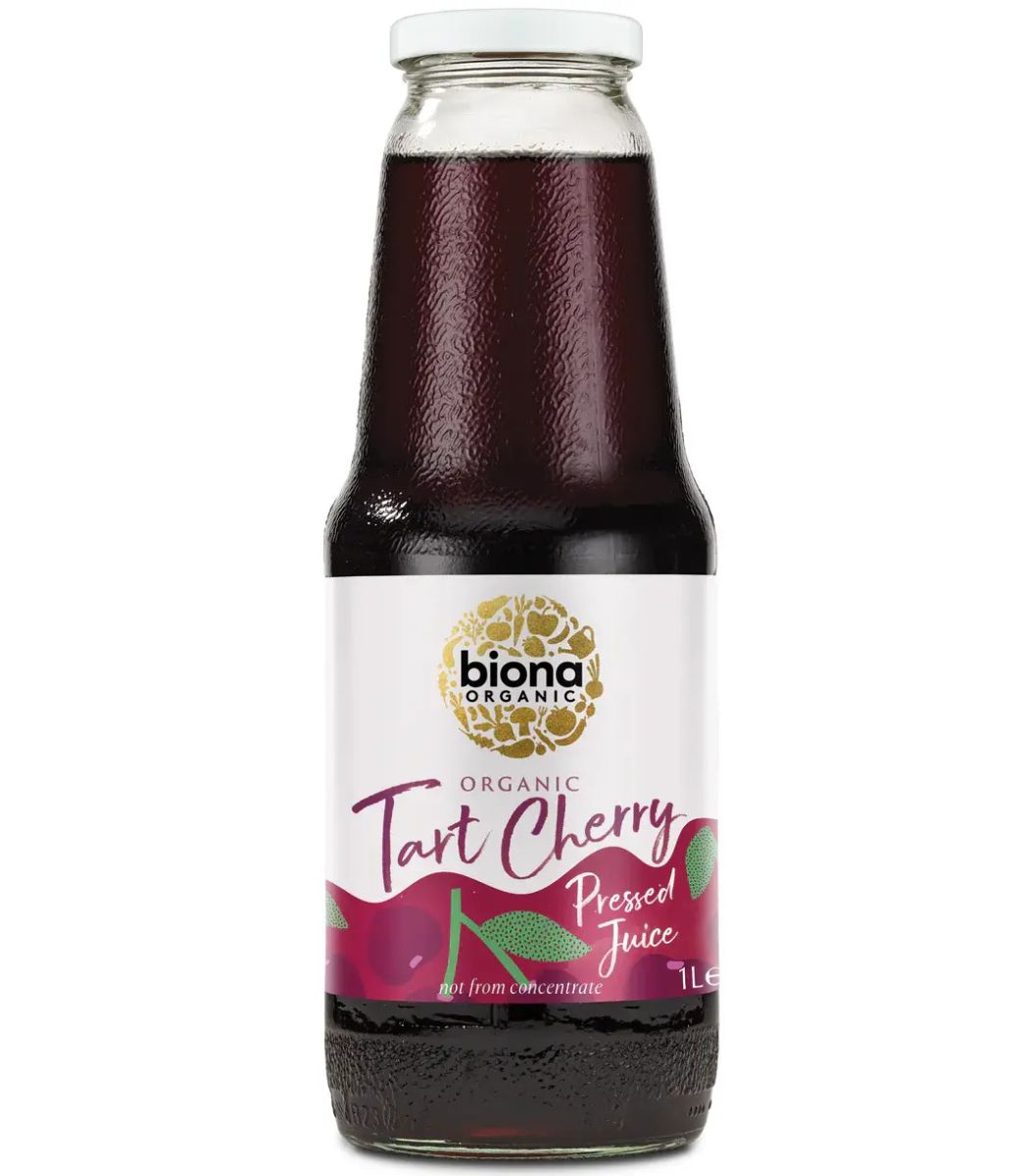 Suc de vișine pur bio Biona 1000 ml în sticlă transparentă cu etichetă albă și logo colorat.