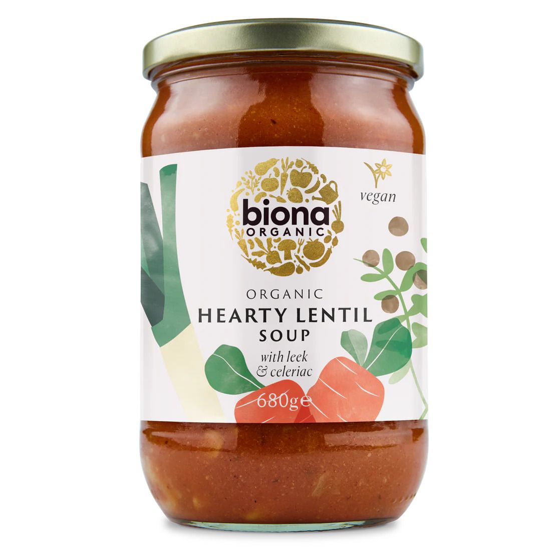 Supa de linte cu legume, bio, 680g, Biona, în borcan transparent cu capac metalic.