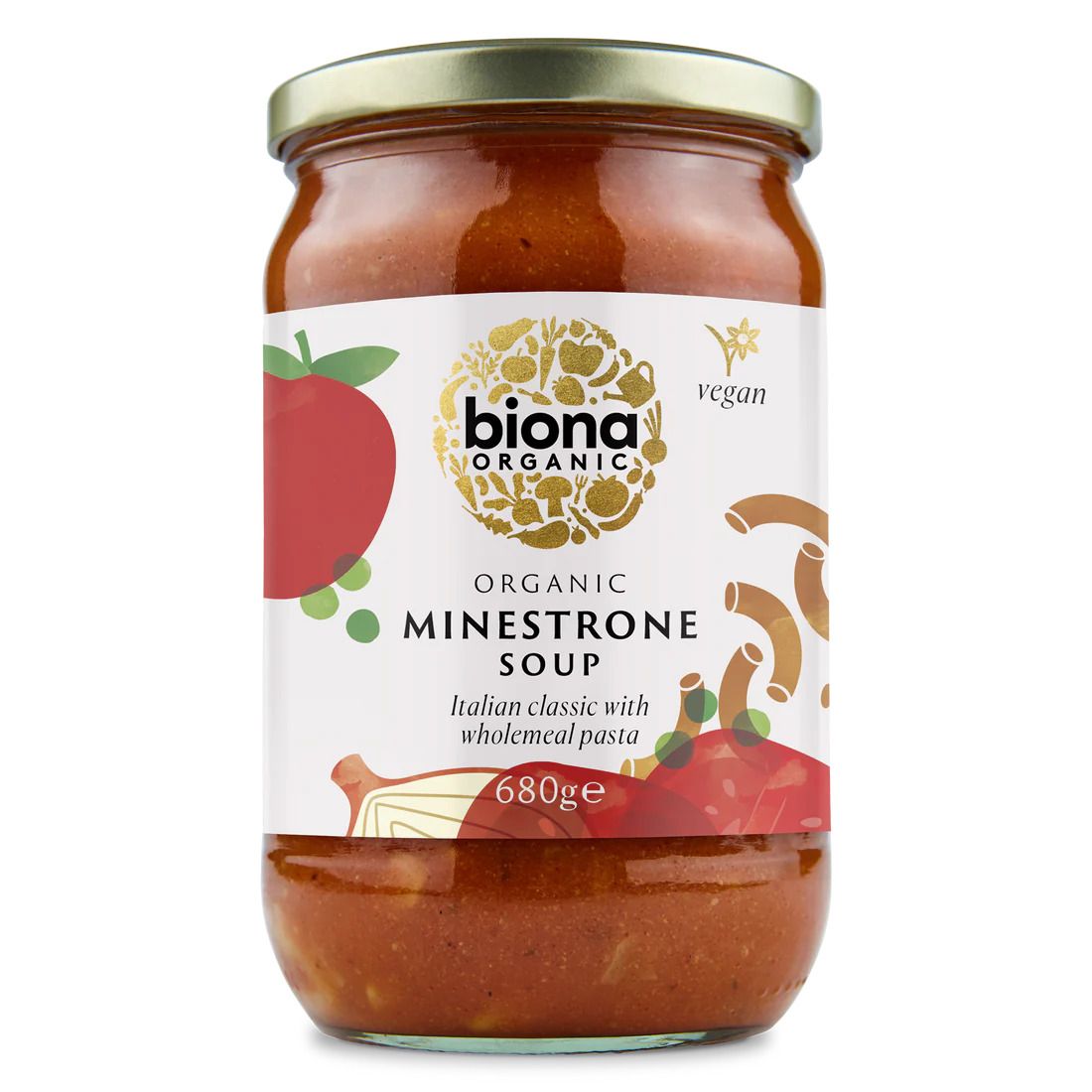 Supa Minestrone bio cu legume și paste integrale, 680g, Biona, ambalaj sticlă.