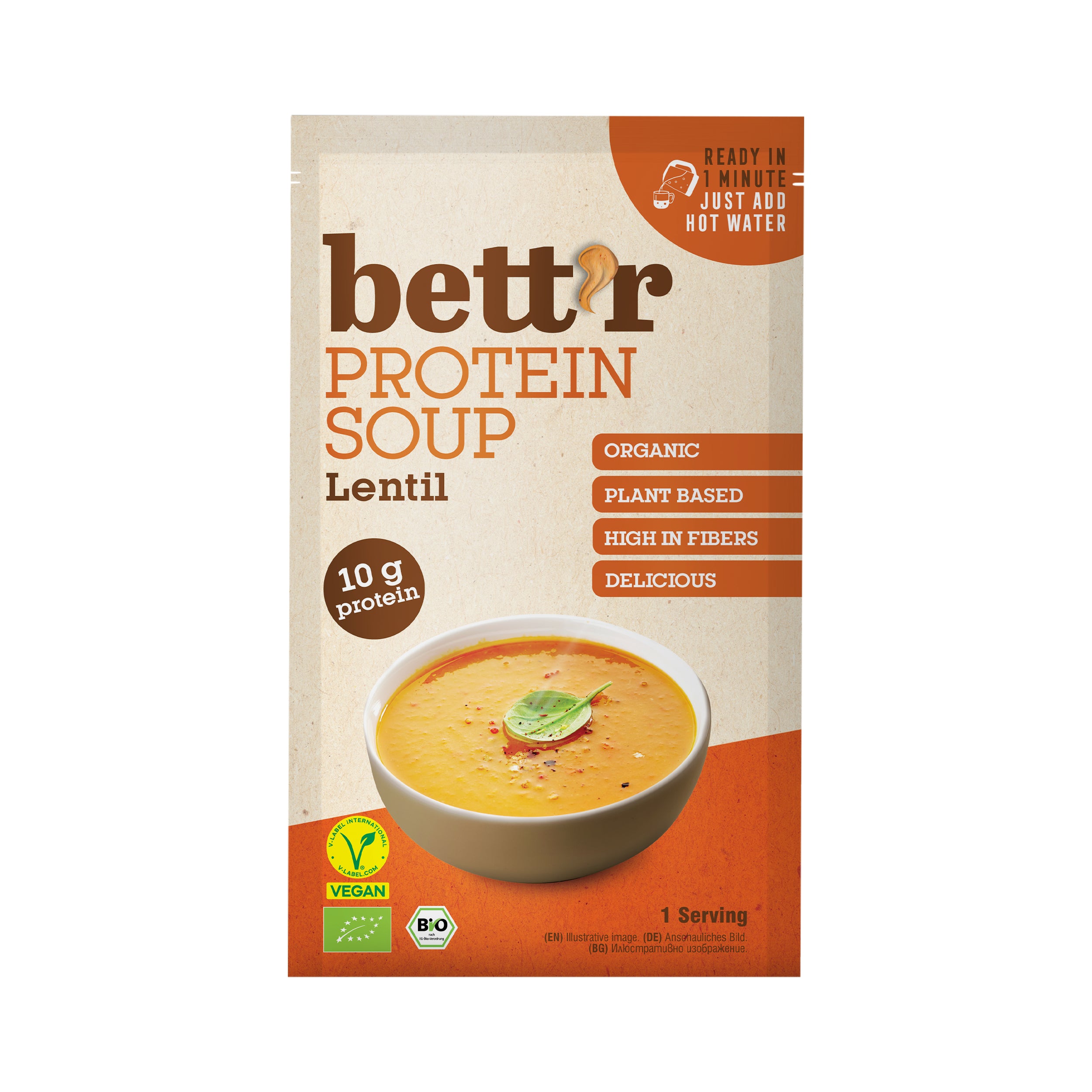Supa proteică instant cu linte bio Bettr, 30g, ambalaj bej cu bol de supă galbenă, vegan, organic.