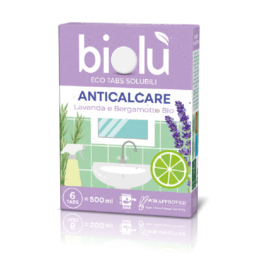 Tablete anticalcar Biolu ecologice lavandă și bergamotă, 6 bucăți, 14.25g, ambalaj carton.