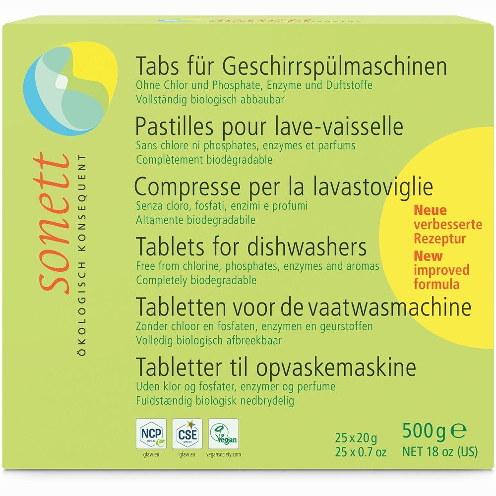 Tablete ecologice mașină spălat vase Sonett 500g, fără clor, fosfați, enzime, parfumuri; cutie verde deschisă.