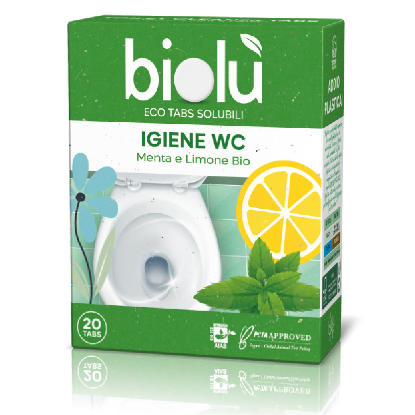 Tablete WC ecologice Biolu cu mentă și lămâie, cutie verde 20 bucăți, 47.5g.