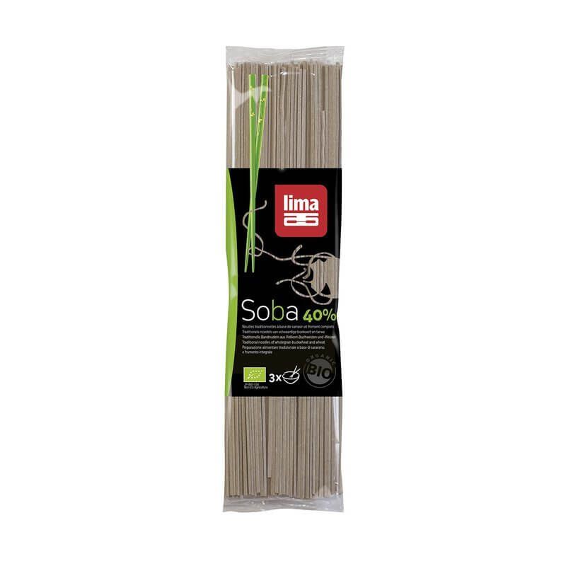 Tăiței japonezi Soba 40% bio, ambalaj Lima, culoare bej, 250g.