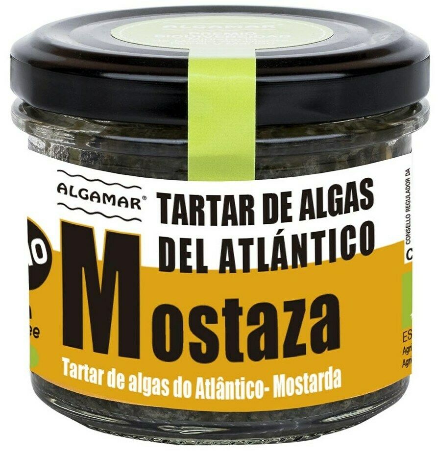 Tartar de alge marine Algamar cu muștar bio, 100g, borcan transparent cu capac negru.