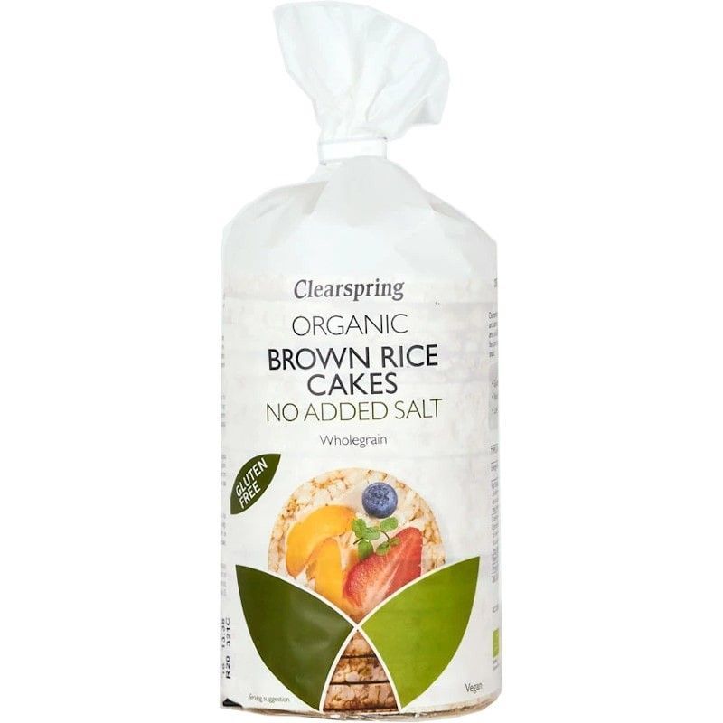 Tartine de orez brun bio Clearspring fără sare ambalaj 120g, imagine fructe pe ambalaj.