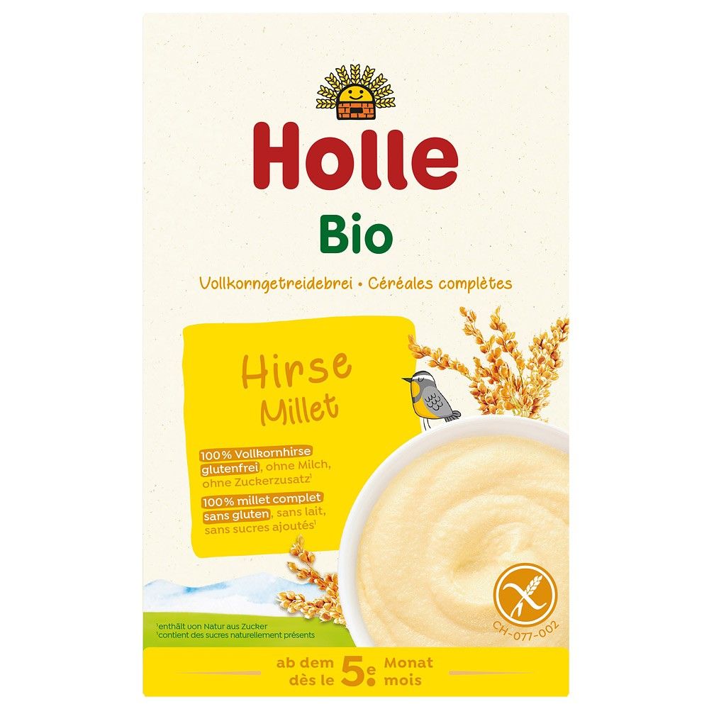 Terci bio din mei integral fără gluten pentru copii 5 luni, 250g, Holle, ambalaj galben cu design natural.