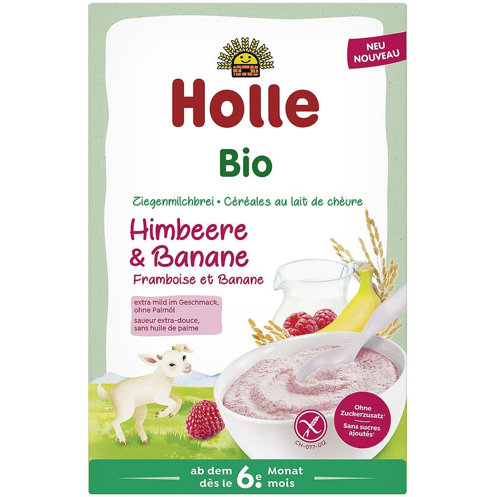 Terci bio Holle cu lapte de capra, banane și zmeură, fără gluten, 200g, pentru copii de 6 luni+.