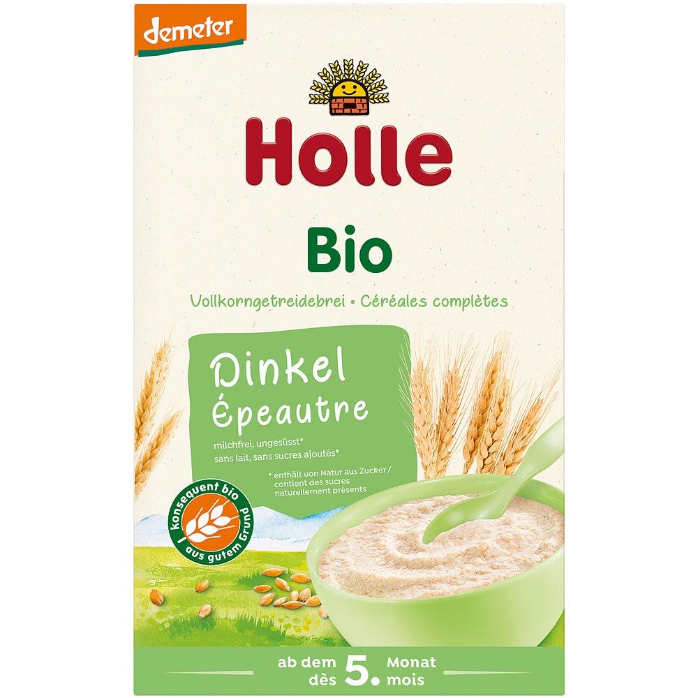 Terci bio de spelta integral Holle pentru copii 5 luni, pachet 250g, imagine spic și castron cu lingură.