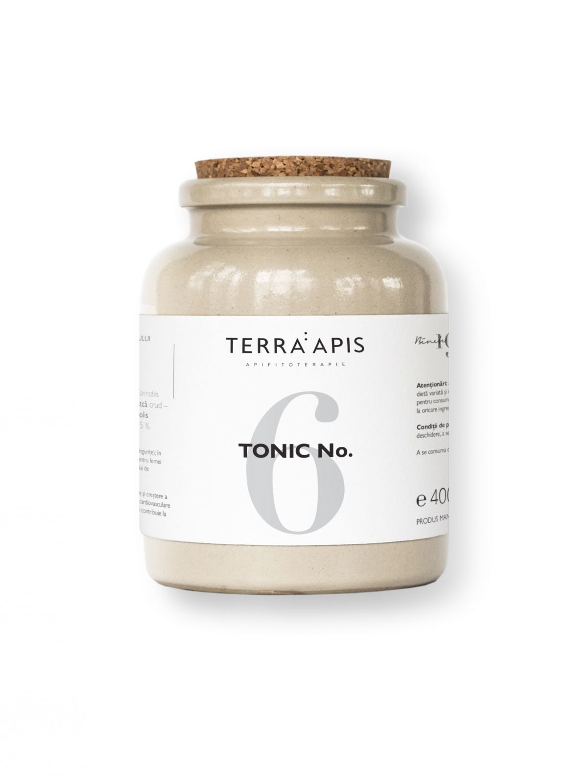 Terra Apis Tonic no.6, borcan ceramic bej cu capac plută, etichetă albă, 400g.