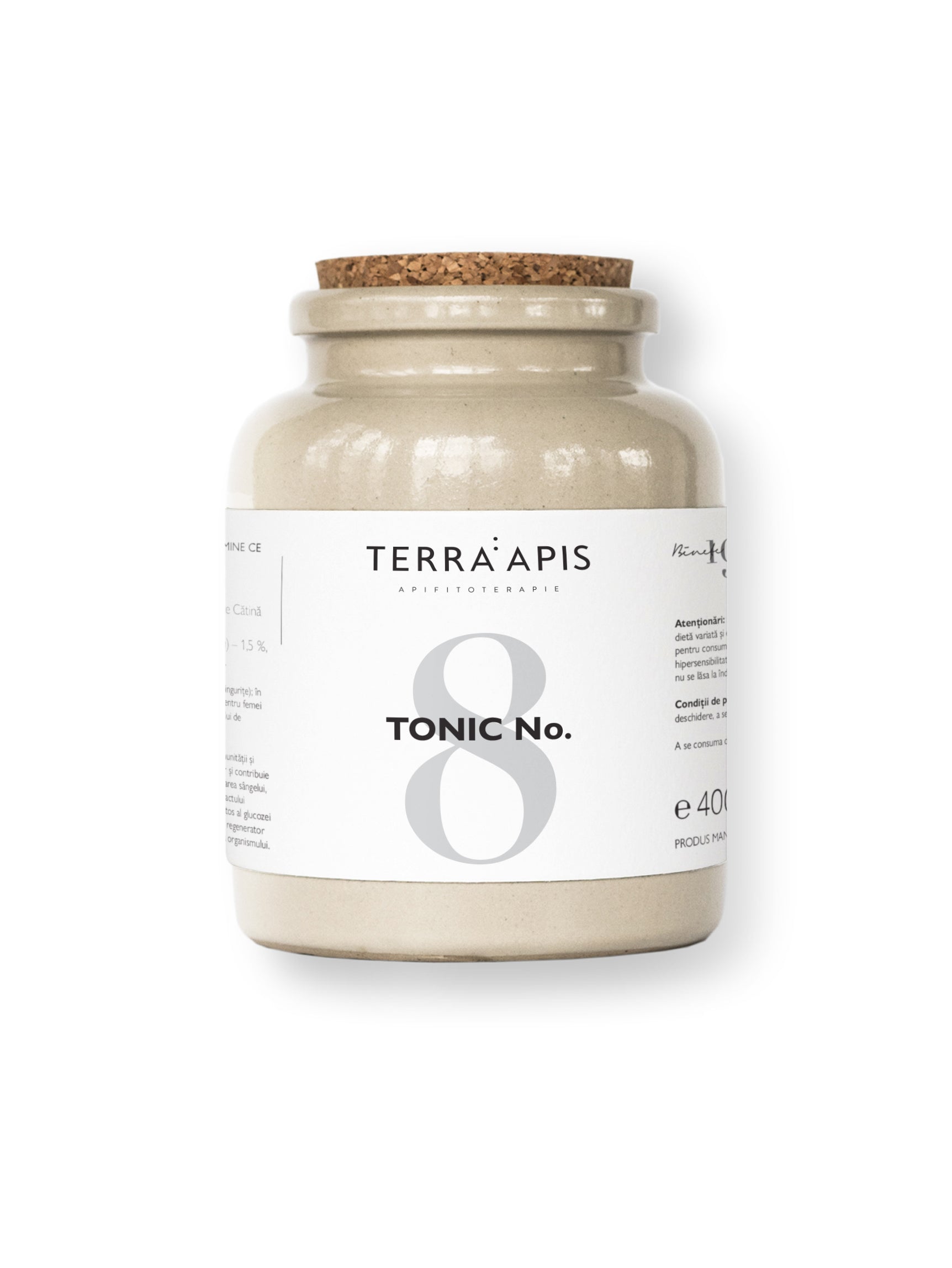 Borcan ceramic bej cu dop de plută, etichetat Terra Apis Tonic No.8, 400g.