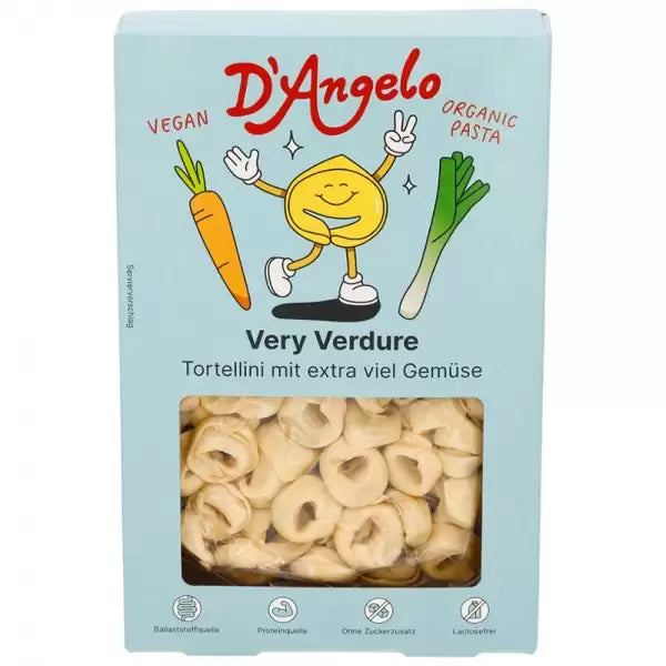 Tortellini D'Angelo 250g, ambalaj albastru, grafică legume, paste organice umplute cu legume.