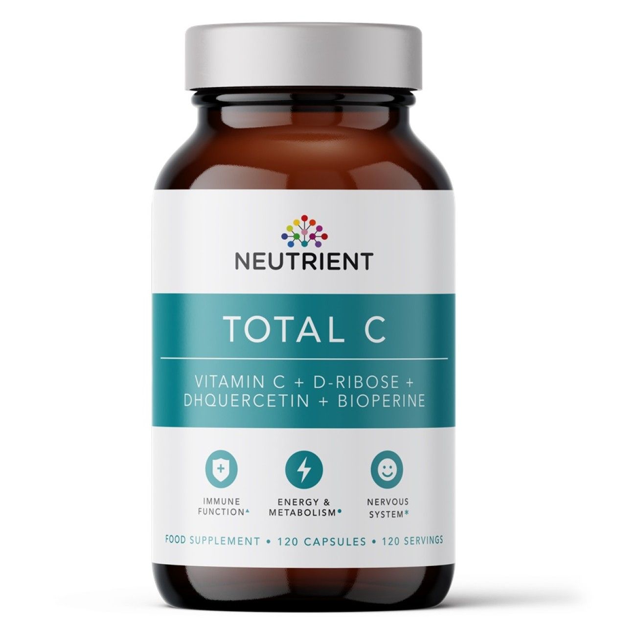 Supliment Neutrient Total C 120 capsule, flacon sticlă maro, etichetă albastră și albă, vitamine și minerale.