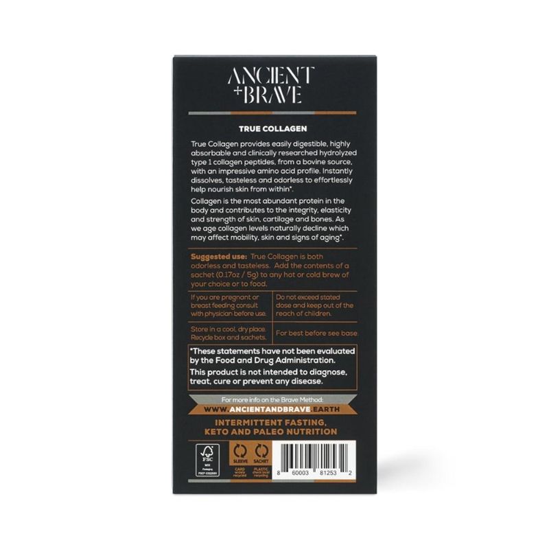 Text detaliu ambalaj True Collagen Ancient and Brave, negru, instrucțiuni și informații produs.